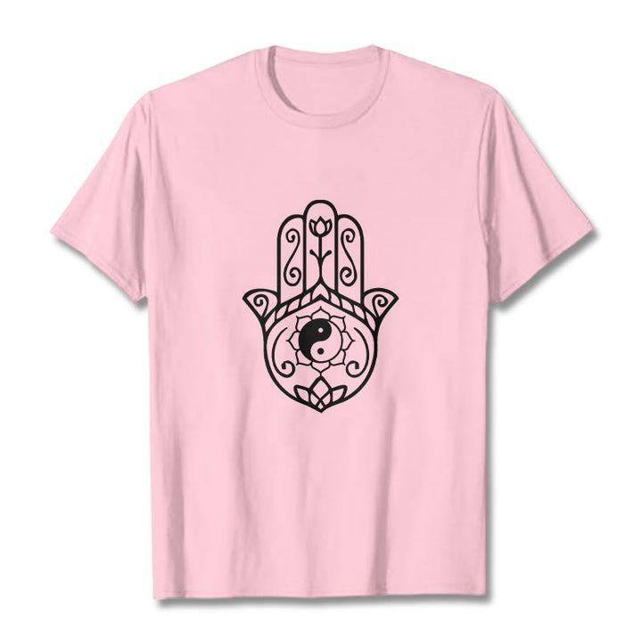 Buddha Stones Hamsa Hand Yin Yang Pattern Tee Cotton T-shirt - LightPink - 2XL - image 12