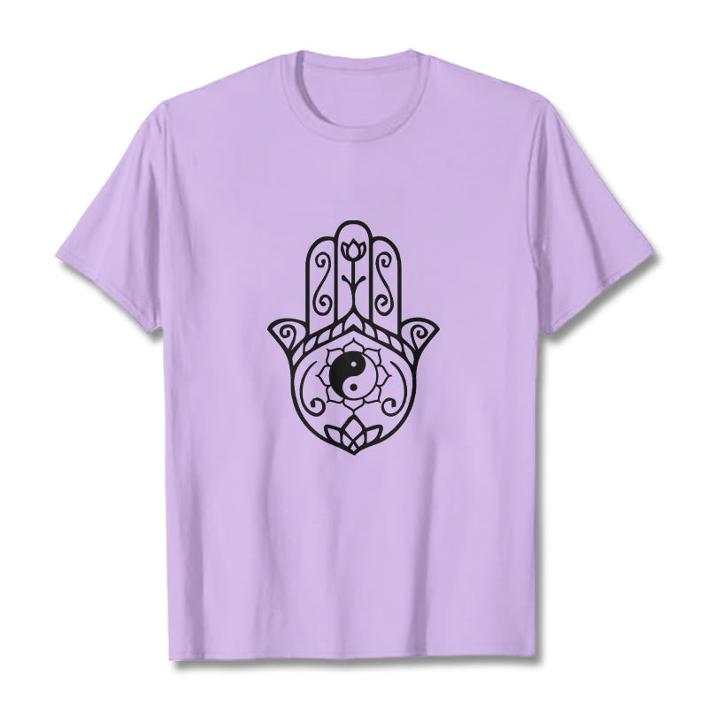 Buddha Stones Hamsa Hand Yin Yang Pattern Tee Cotton T-shirt - Plum - 2XL - image 16