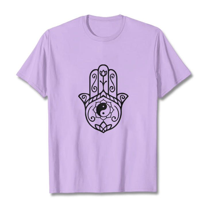 Buddha Stones Hamsa Hand Yin Yang Pattern Tee Cotton T-shirt - Plum - 2XL - image 16