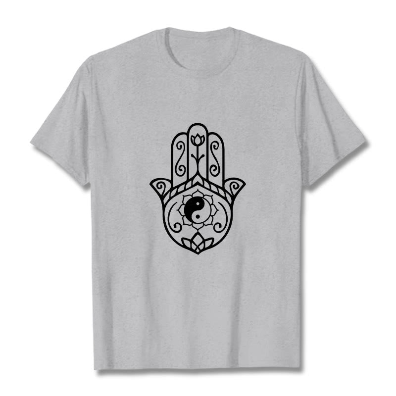 Buddha Stones Hamsa Hand Yin Yang Pattern Tee Cotton T-shirt - LightGrey - 2XL - image 19