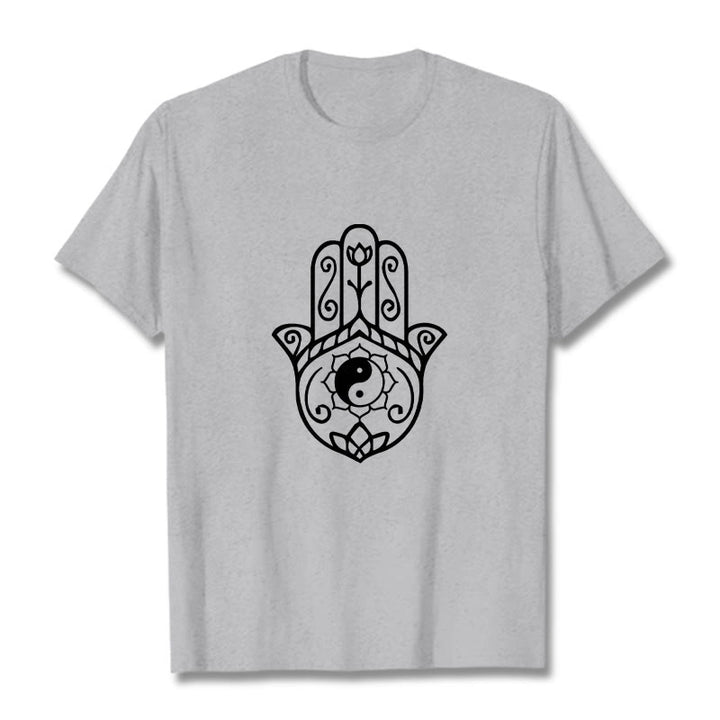 Buddha Stones Hamsa Hand Yin Yang Pattern Tee Cotton T-shirt - LightGrey - 2XL - image 19