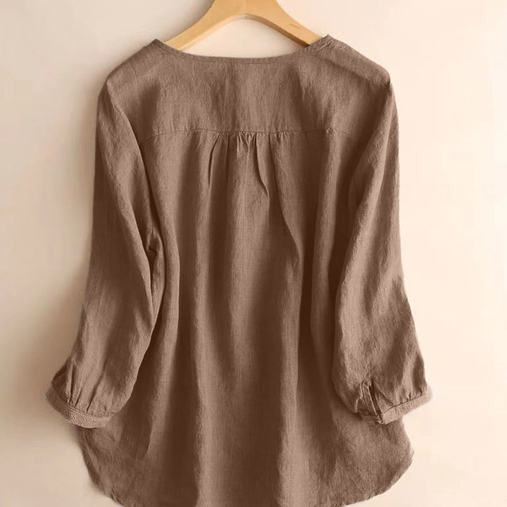 Buddha Stones Casual Plain Women's Hollow Crew Neck Design Three Quarter Sleeve Shirt - image 1