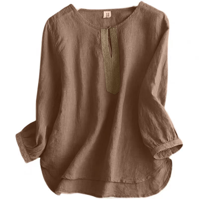 Buddha Stones Casual Plain Women's Hollow Crew Neck Design Three Quarter Sleeve Shirt - image 3