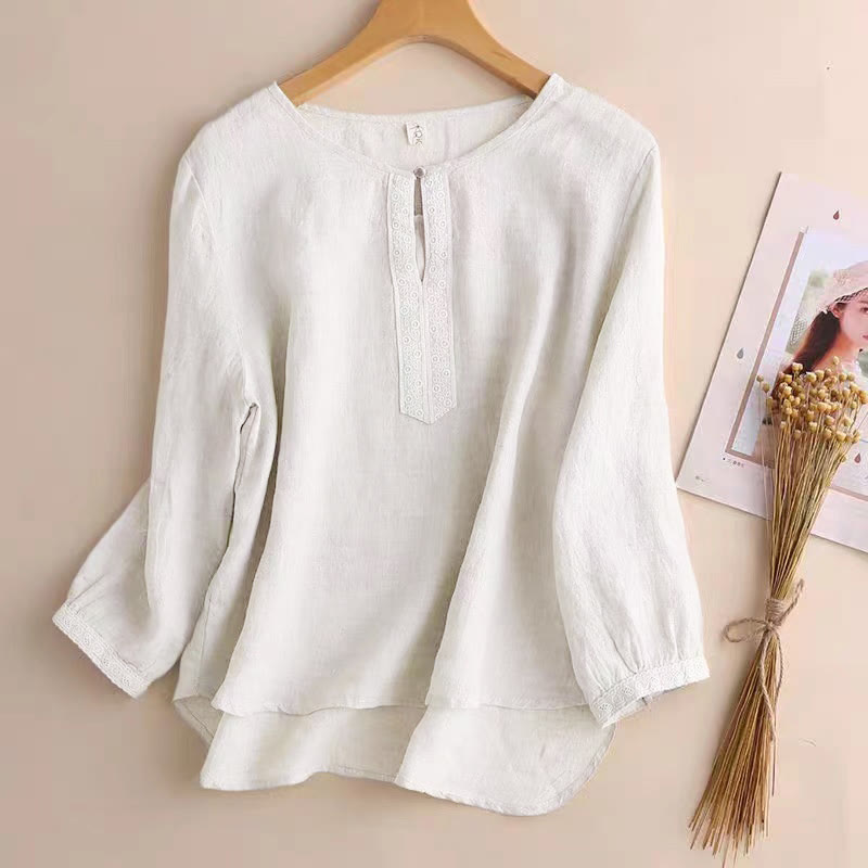 Buddha Stones Casual Plain Women's Hollow Crew Neck Design Three Quarter Sleeve Shirt - Linen - US8-10，UK/AU12-14，EU40-42 (2XL) - image 12