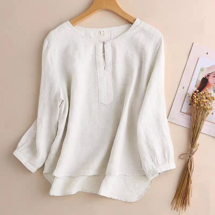 Buddha Stones Casual Plain Women's Hollow Crew Neck Design Three Quarter Sleeve Shirt - Linen - US8-10，UK/AU12-14，EU40-42 (2XL) - image 12