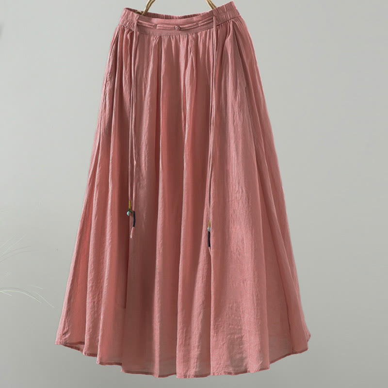 Buddha Stones Summer Retro Pure Color Tassel Design Women's Skirt With Pockets - Salmon - US12，UK/AU16，EU44 (2XL) - image 11