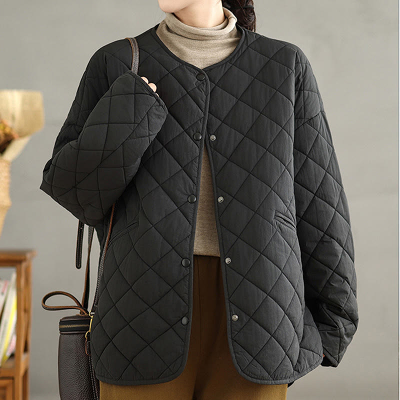 Buddha Stones Women's Buttons Design Cotton Thermal Diamond-quilted Long Sleeve Jacket With Pockets - image 23