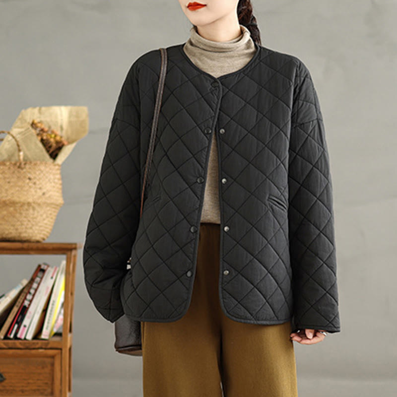 Buddha Stones Women's Buttons Design Cotton Thermal Diamond-quilted Long Sleeve Jacket With Pockets - image 19