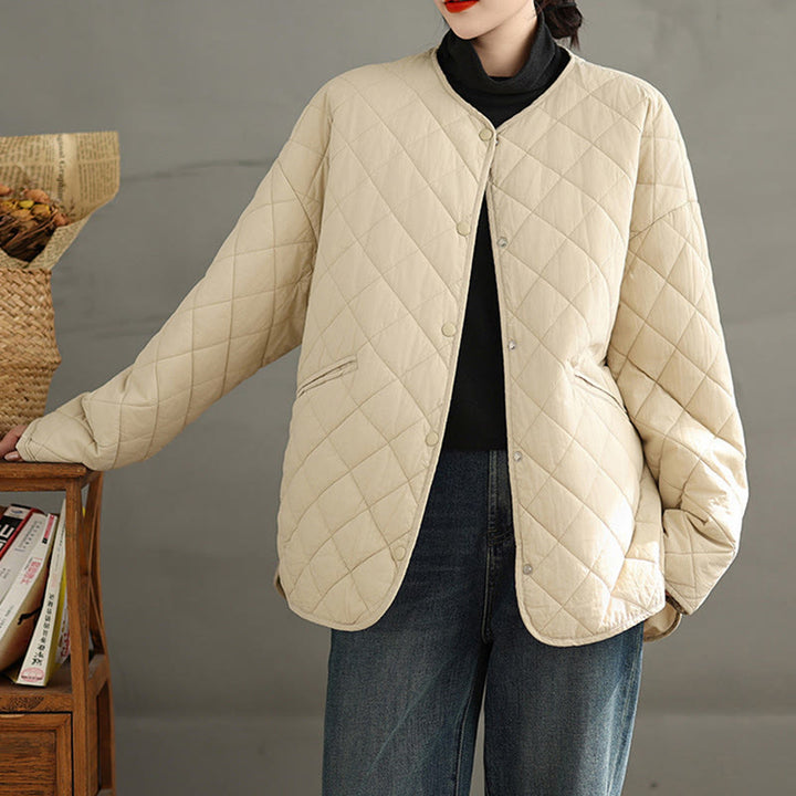 Buddha Stones Women's Buttons Design Cotton Thermal Diamond-quilted Long Sleeve Jacket With Pockets - image 11