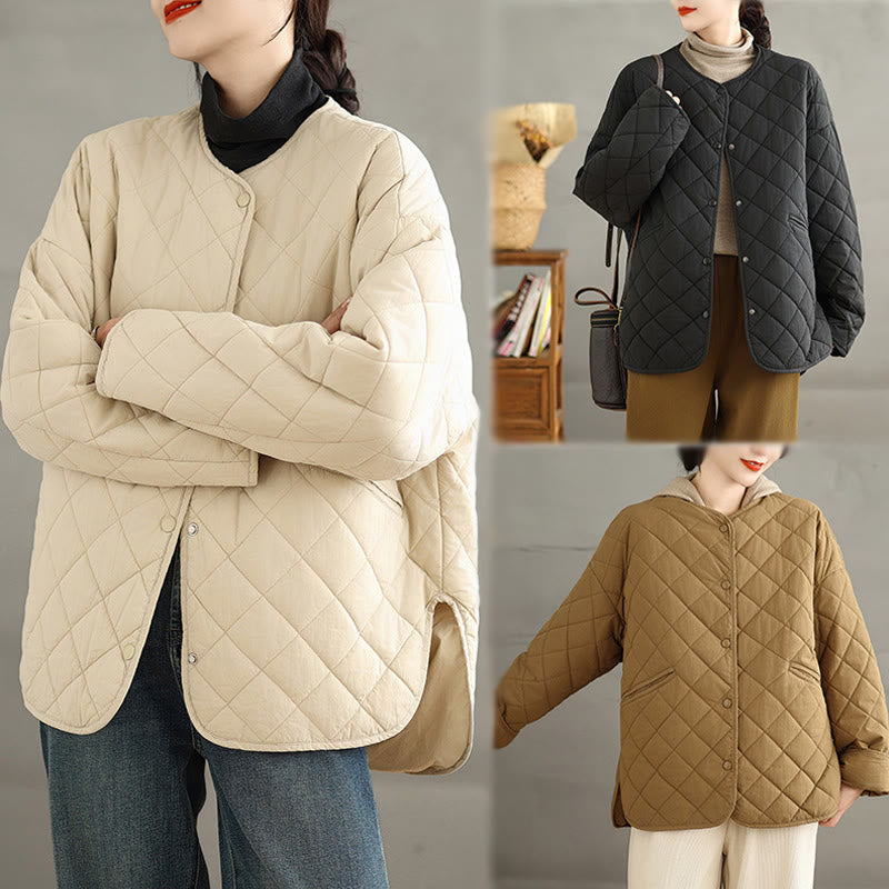 Buddha Stones Women's Buttons Design Cotton Thermal Diamond-quilted Long Sleeve Jacket With Pockets - image 24