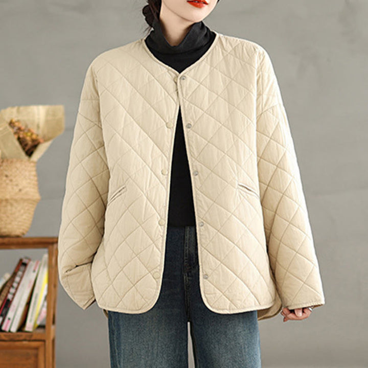 Buddha Stones Women's Buttons Design Cotton Thermal Diamond-quilted Long Sleeve Jacket With Pockets - image 13