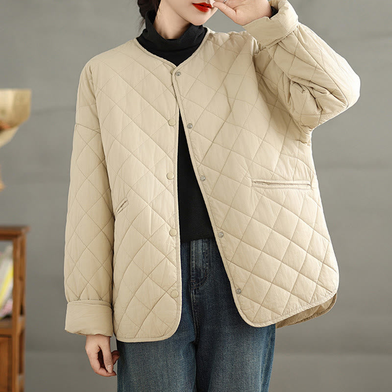 Buddha Stones Women's Buttons Design Cotton Thermal Diamond-quilted Long Sleeve Jacket With Pockets - image 14