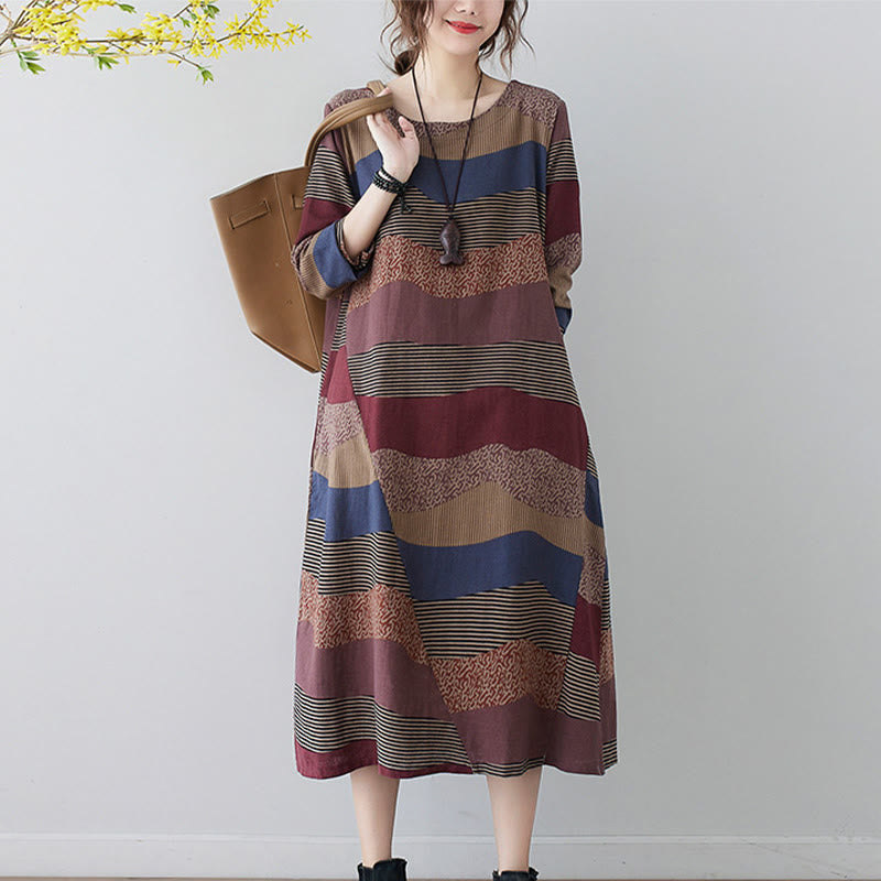 Buddha Stones Ethnic Printing Striped Pattern Long Sleeve Cotton Linen Midi Dress With Pockets - image 10