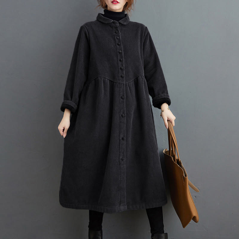 Buddha Stones Plain Buttons Long Sleeve Women's Cotton Corduroy Fleece-Lined Coat With Pockets - image 2