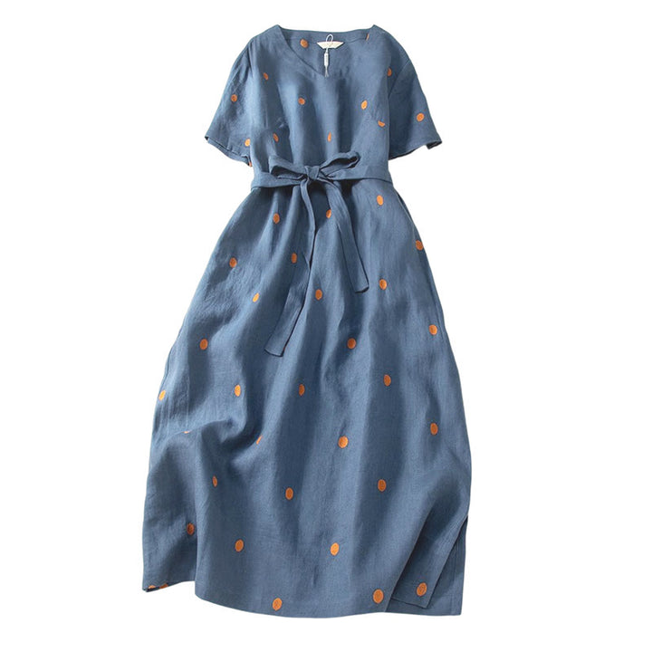 Buddha Stones Casual Dot Pattern Short Sleeve Lace-up Cotton Linen Women's Midi Dress With Pockets - image 6