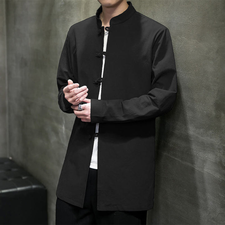 Buddha Stones Simple Tang Suit Plain Chinese Frog-Button Men's Cotton Long Sleeve Jacket Shirt - Black - US/UK/AU46，EU56 (5XL) - image 23