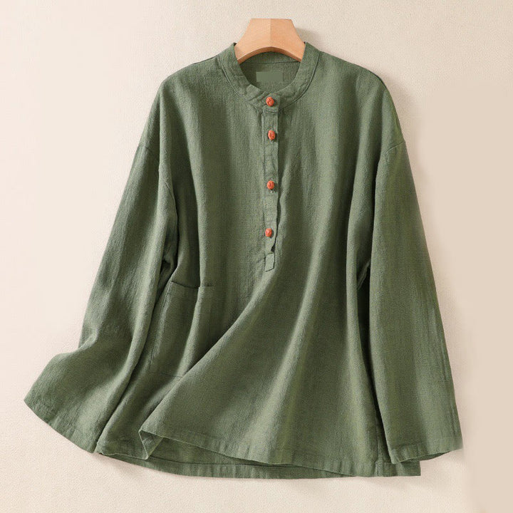 Buddha Stones Casual Buttons Crew Neck Cotton Women's Long Sleeve Shirt With Pockets - DarkSeaGreen - US8-10，UK/AU12-14，EU40-42 (2XL) - image 0