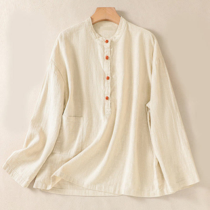 Buddha Stones Casual Buttons Crew Neck Cotton Women's Long Sleeve Shirt With Pockets - Cornsilk - US8-10，UK/AU12-14，EU40-42 (2XL) - image 16
