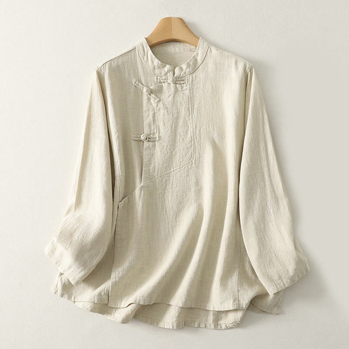 Buddha Stones Casual Plain Frog-buttons Cotton Women's Long Sleeve Shirt - Beige - US8-10，UK/AU12-14，EU40-42 (2XL) - image 6