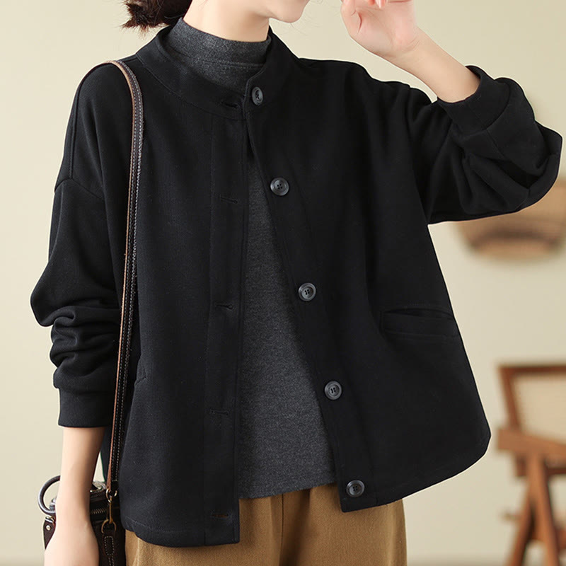 Buddha Stones Solid Color Women's Long Sleeve Jacket With Pockets - Black - US14，UK/AU18，EU46 (2XL) - image 0