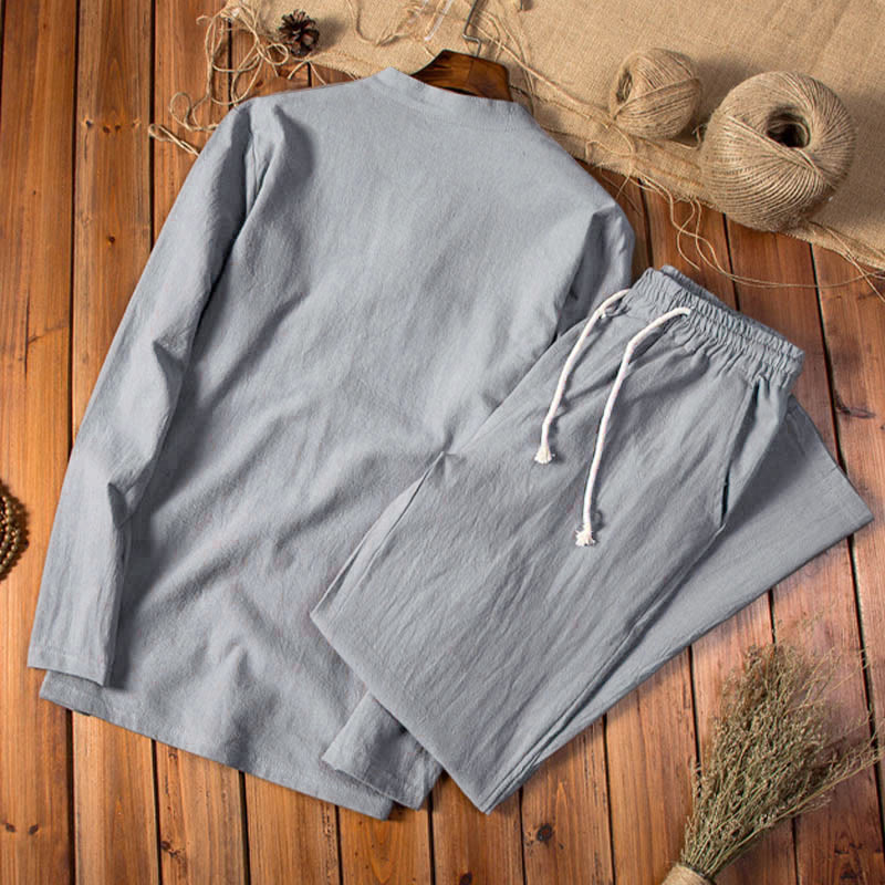 Buddha Stones Pure Color Cotton Linen Long Sleeve Top Pants Clothing Men's Set - image 8