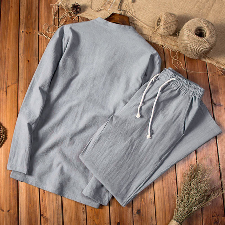 Buddha Stones Pure Color Cotton Linen Long Sleeve Top Pants Clothing Men's Set - image 8