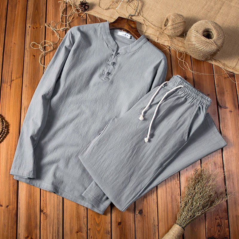 Buddha Stones Pure Color Cotton Linen Long Sleeve Top Pants Clothing Men's Set - DimGray - US/UK/AU44，EU54 (5XL) - image 7