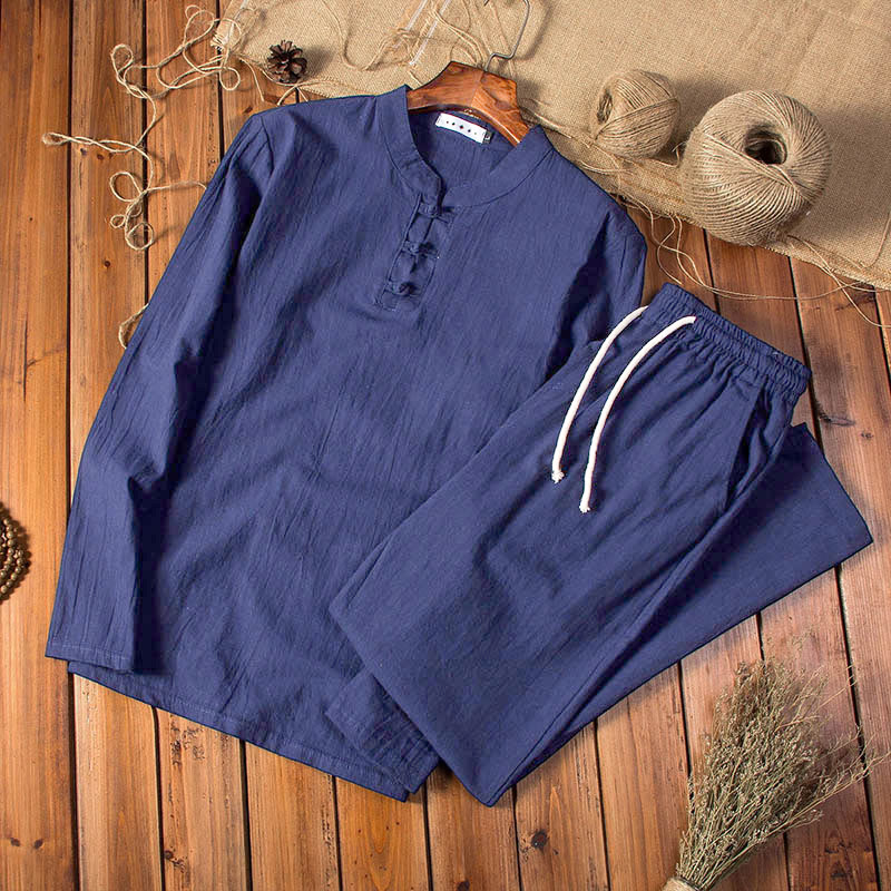 Buddha Stones Pure Color Cotton Linen Long Sleeve Top Pants Clothing Men's Set - MidnightBlue - US/UK/AU44，EU54 (5XL) - image 11