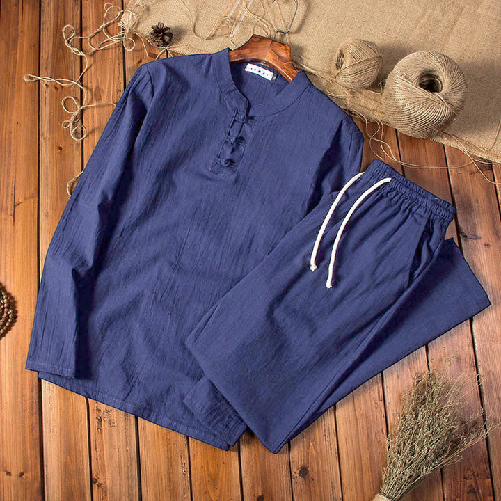Buddha Stones Pure Color Cotton Linen Long Sleeve Top Pants Clothing Men's Set - MidnightBlue - US/UK/AU44，EU54 (5XL) - image 11