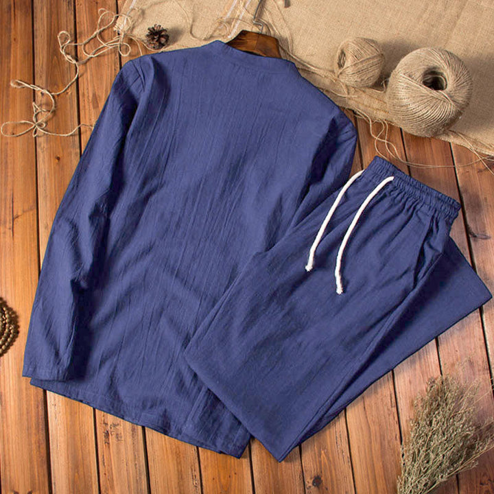 Buddha Stones Pure Color Cotton Linen Long Sleeve Top Pants Clothing Men's Set - image 12
