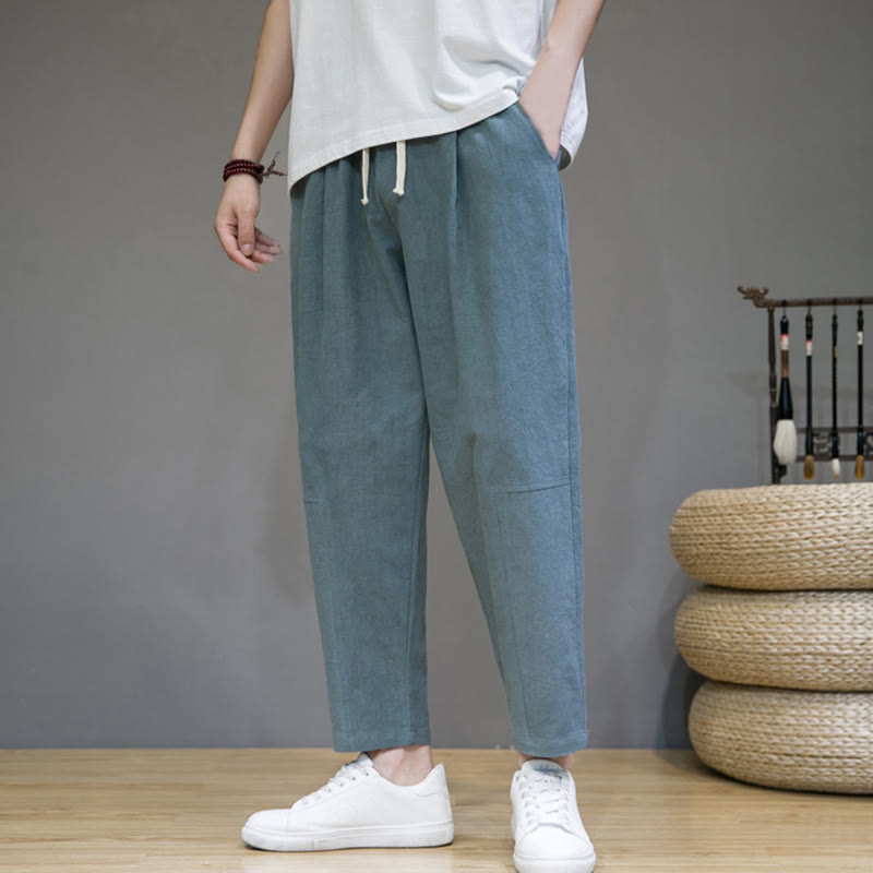 Buddha Stones Casual Pure Color Tapered Design Men's Cotton Linen Drawstring Pants With Pockets - LightSeaGreen - US/UK/AU46，EU56 (5XL) - image 0