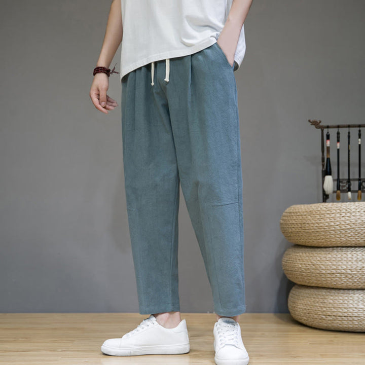 Buddha Stones Casual Pure Color Tapered Design Men's Cotton Linen Drawstring Pants With Pockets - LightSeaGreen - US/UK/AU46，EU56 (5XL) - image 0