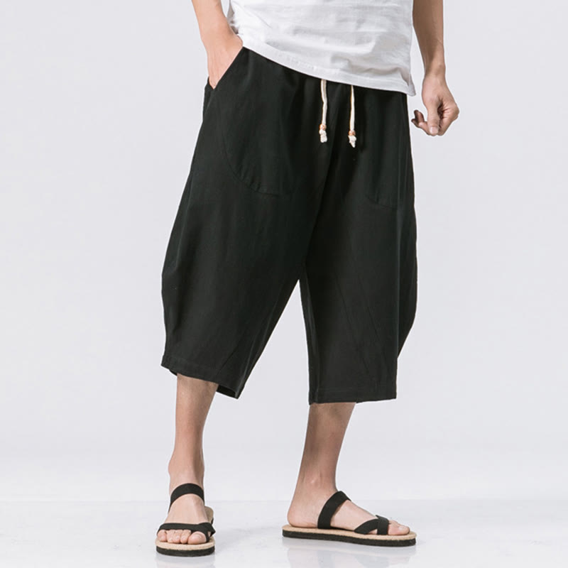 Buddha Stones Summer Casual Simple Plain Design 7-8 Length Men's Drawstring Pants With Pockets - Black - US/UK/AU46，EU56 (5XL) - image 9