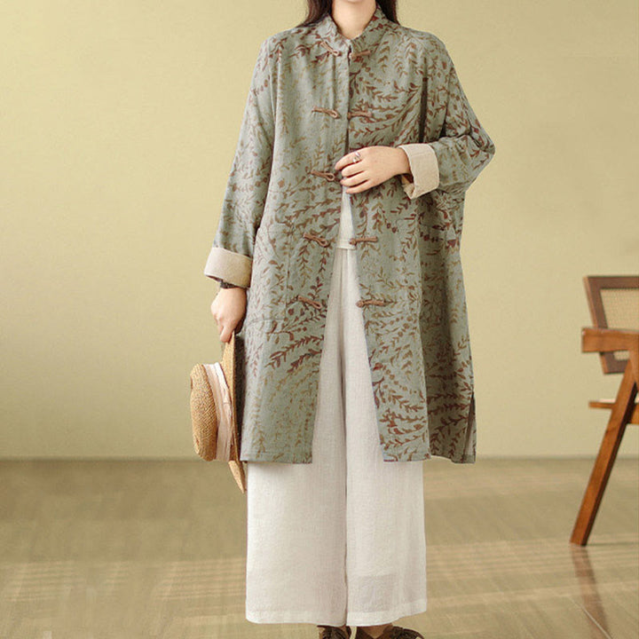 Buddha Stones Frog-button Vine Leaves Women's Coat With Pockets - DarkSeaGreen - US14，UK/AU18，EU46 (2XL) - image 0