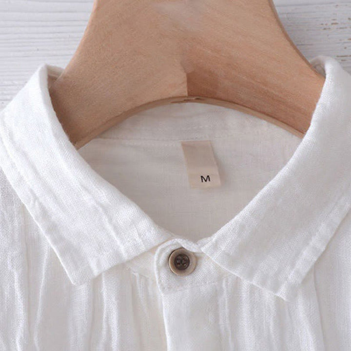 Buddha Stones Men's Shirt Solid Color Lapel Top Short Sleeve Comfy Button Crease Cotton Linen Shirt - image 9