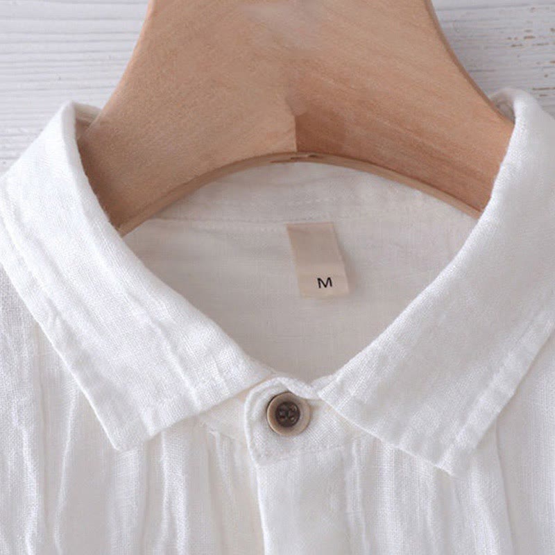 Buddha Stones Men's Shirt Solid Color Lapel Top Long Sleeve Comfy Button Crease Cotton Linen Shirt - image 8