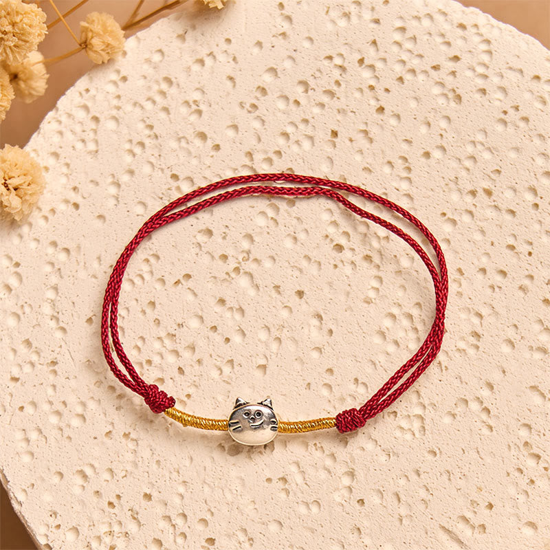 Buddha Stones 925 Sterling Silver Cute Cat Red String Braided Bracelet - image 2