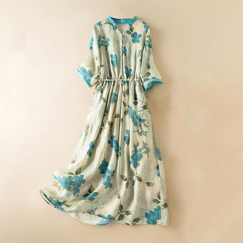 Buddha Stones Half Sleeve Color Contrast Floral Pattern Midi Dress With Pockets - LightGreen - US12，UK/AU16，EU44 (3XL) - image 0