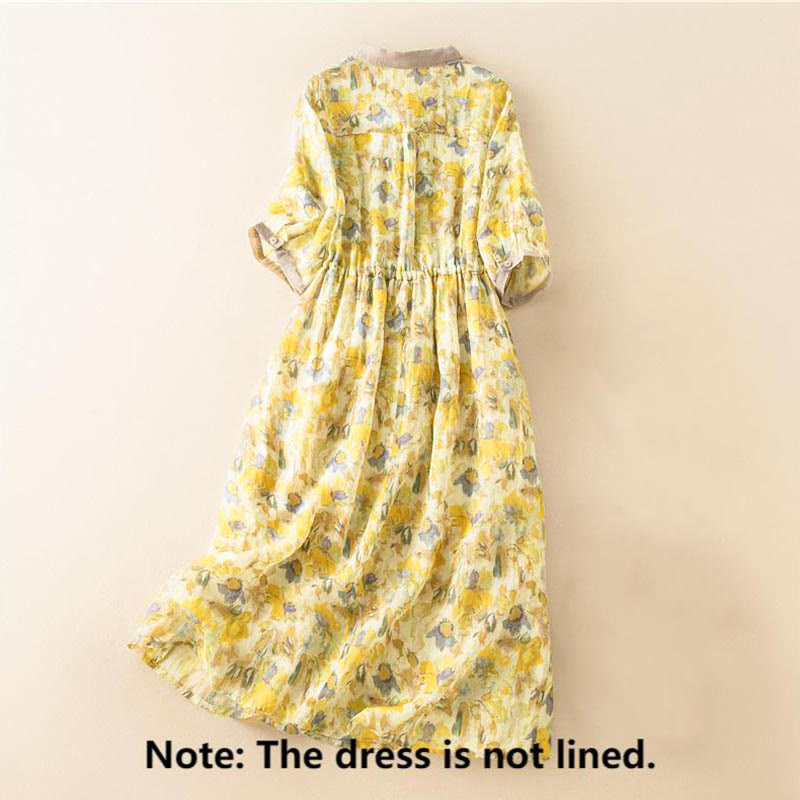 Buddha Stones Half Sleeve Color Contrast Floral Pattern Midi Dress With Pockets - image 15
