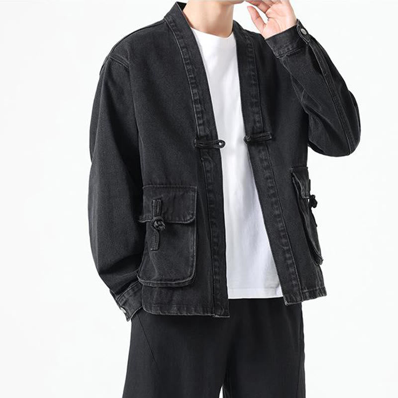 Buddha Stones Denim Button Design Men's Cotton Long Sleeve Jacket With Pockets - image 1