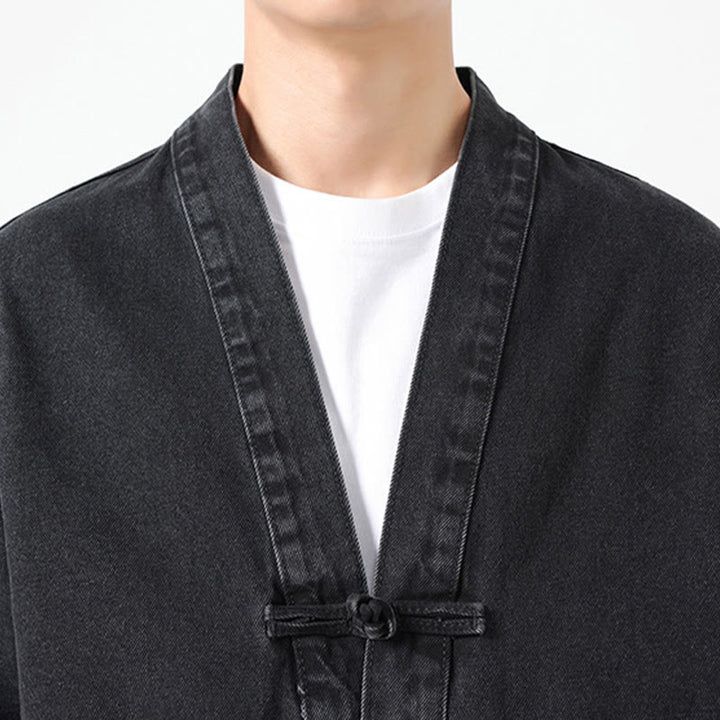 Buddha Stones Denim Button Design Men's Cotton Long Sleeve Jacket With Pockets - image 7