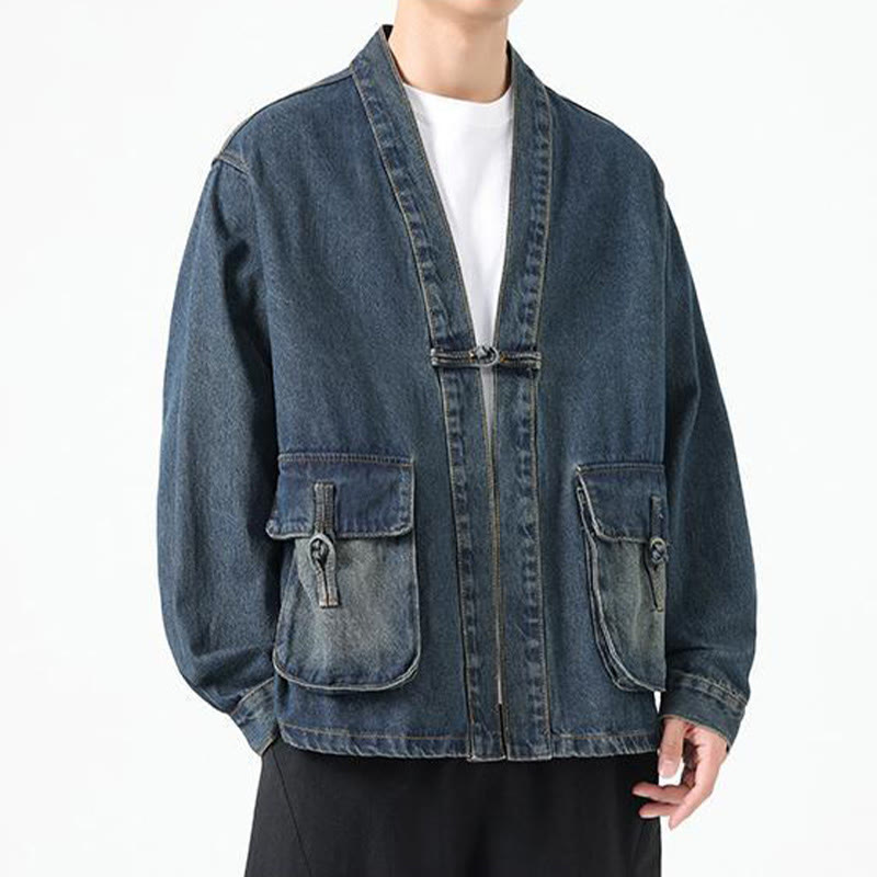 Buddha Stones Denim Button Design Men's Cotton Long Sleeve Jacket With Pockets - image 23