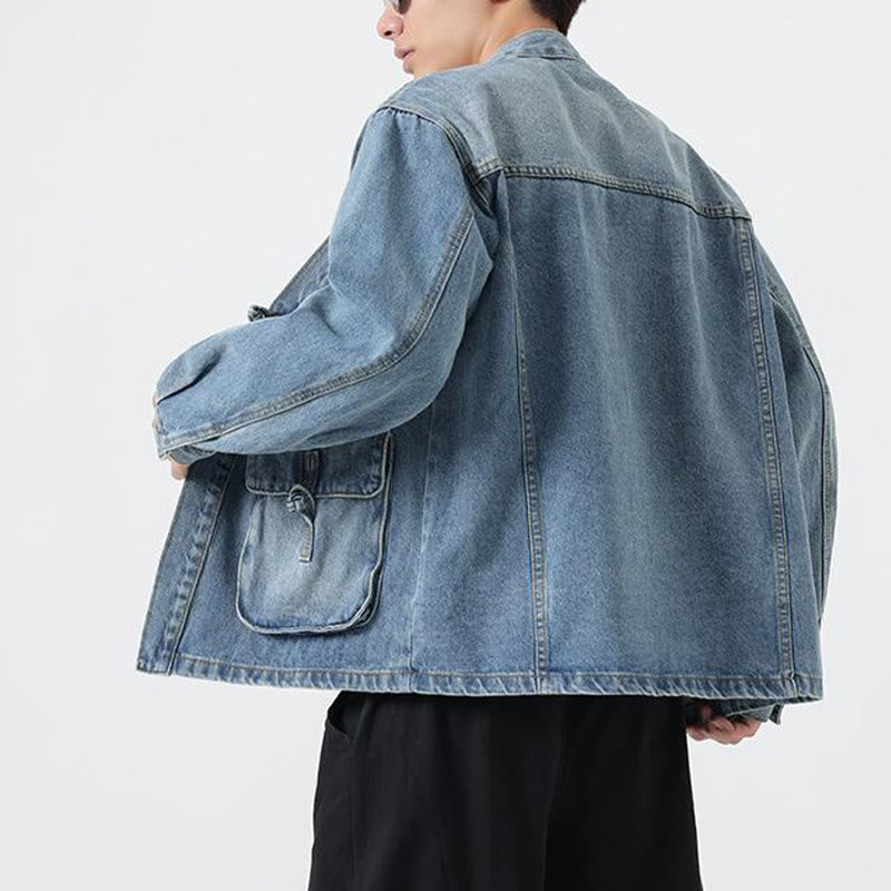 Buddha Stones Denim Button Design Men's Cotton Long Sleeve Jacket With Pockets - image 15