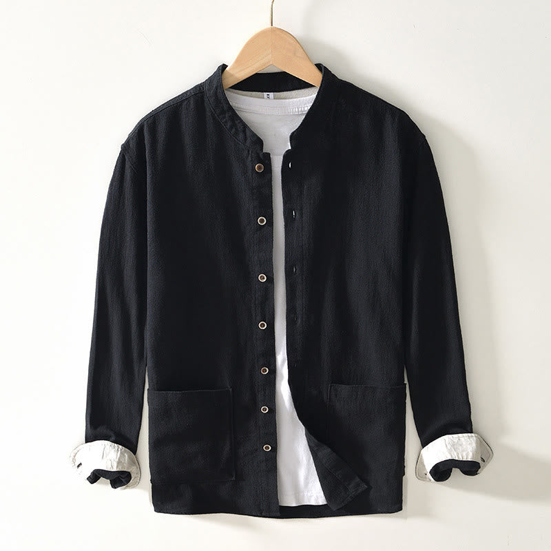 Buddha Stones Fall Solid Long Sleeve Buttons Men's Ramie Cotton Shirt With Pockets - Black - US/UK/AU42，EU52 (3XL) - image 0