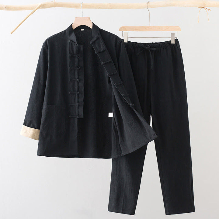 Buddha Stones 2Pcs Tang Suit Men's Frog-Button Cotton Long Sleeve Shirt Pants Set With Pockets - Black - US/UK/AU44，EU54 (4XL) - image 1