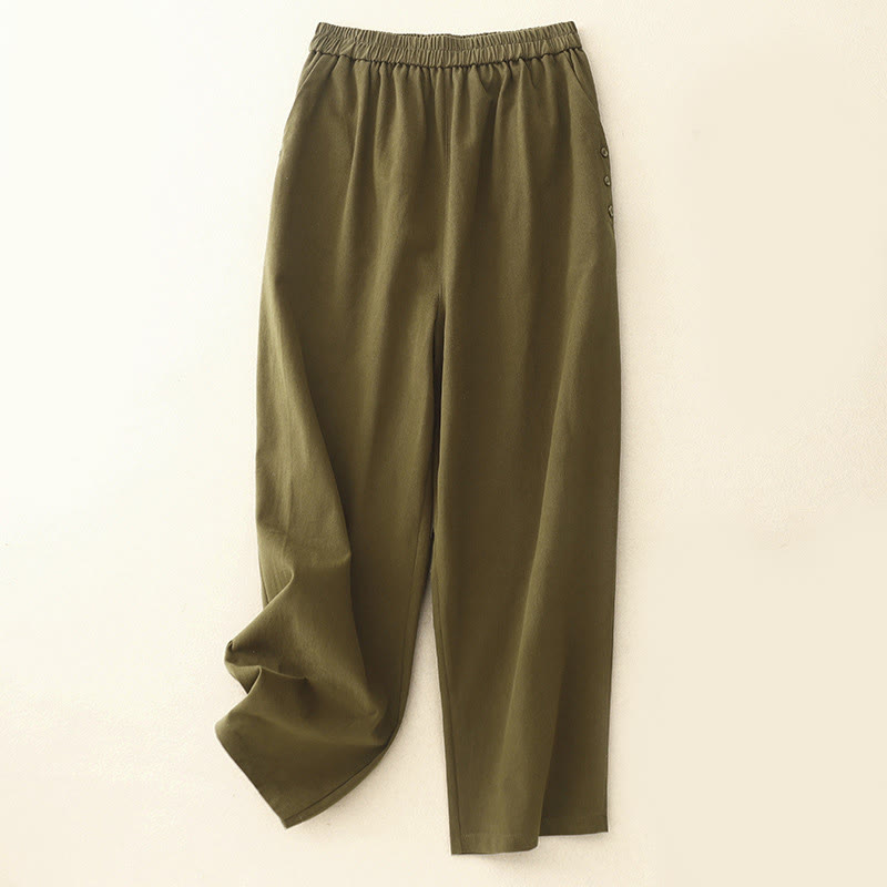 Buddha Stones Casual Snap Buttons Women's Cotton Polyester Pants With Pockets - Olive - US8-10，UK/AU12-14，EU40-42 (2XL) - image 5