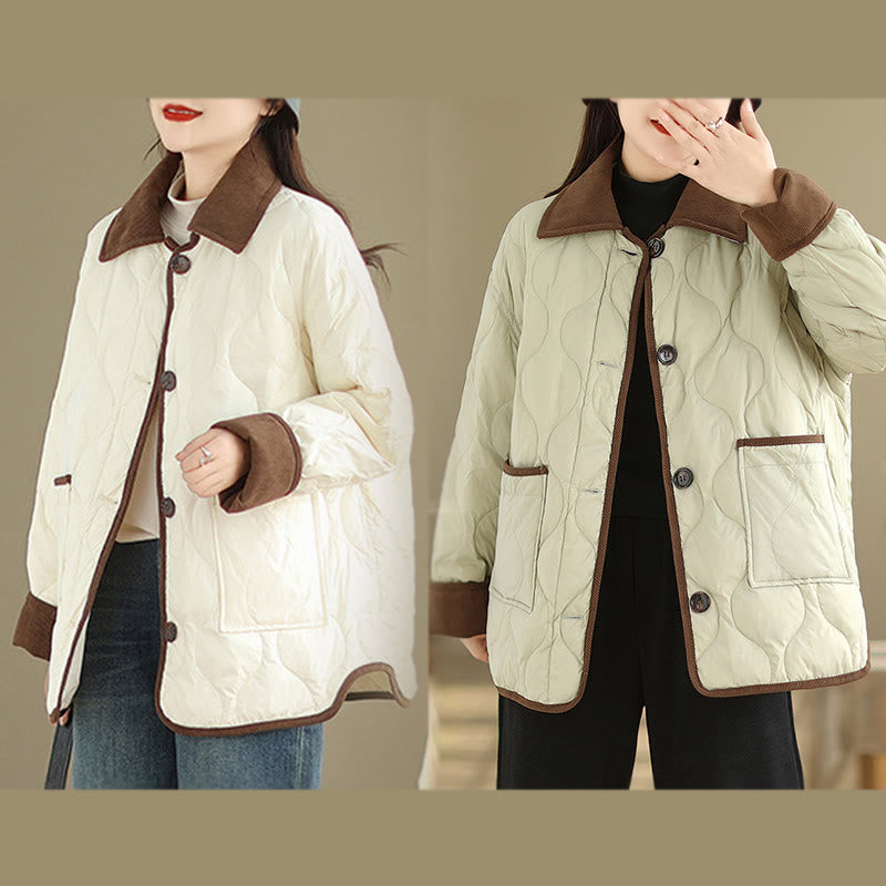 Buddha Stones Contrasting Color Lapel Women's Long Sleeve Cotton Jacket With Pockets - image 23