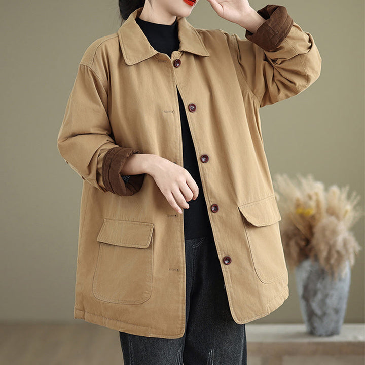 Buddha Stones Plain Lapel Buttons Design Women's Long Sleeve Quilted Cotton Jacket With Pockets - image 1