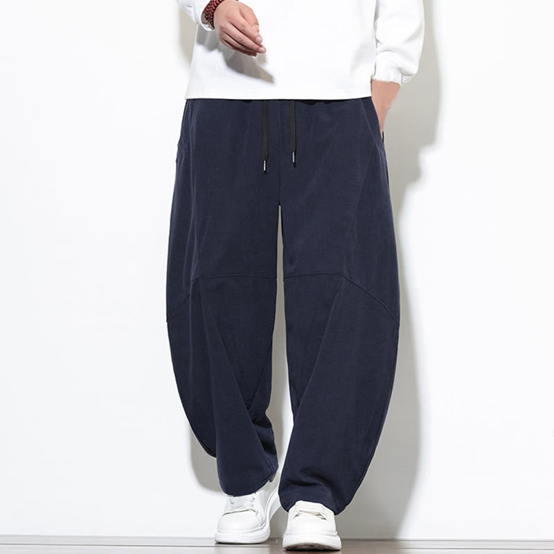 Buddha Stones Drawstring Solid Color Tapered Design Cotton Corduroy Men's Harem Pants With Pockets - MidnightBlue - US/UK/AU46，EU56 (5XL) - image 0