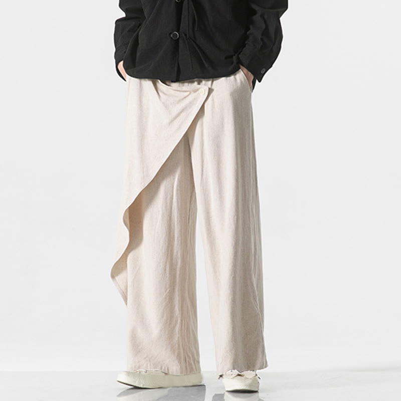 Buddha Stones Asymmetrical Patched Design Plain Men's Cotton Pants With Pockets - image 25